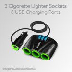 CH26 Gadjet Multi Socket Splitter 3 Cigarette Lighter Sockets 3 USB Charging Ports